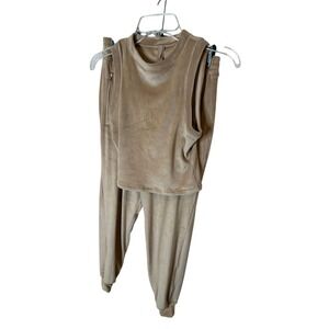 Skims Velour Sleep Set Sleeveless Crop Top Joggers Camel Beige Womens Small
